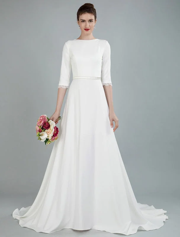 Simple Wedding Dress Beaded Sash Backless Bateau Neck Half Sleeves A Line Bridal Gowns With Court Train Exclusive Vintage Women's 1970S 