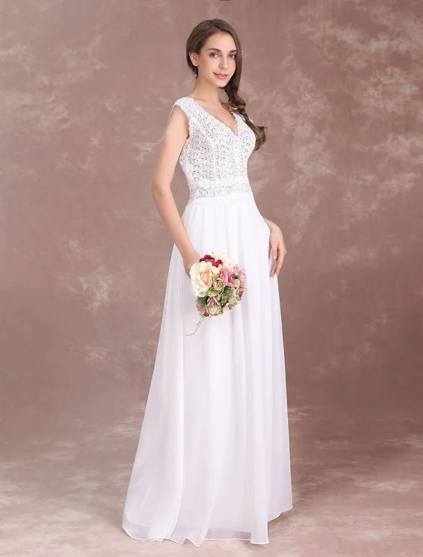 Boho Wedding Dresses Chiffon Lace Beach Bridal Dress V Neck V Back Ivory Sleeveless Floor Length Summer Wedding Gown Dapper Women's Bow - adorned