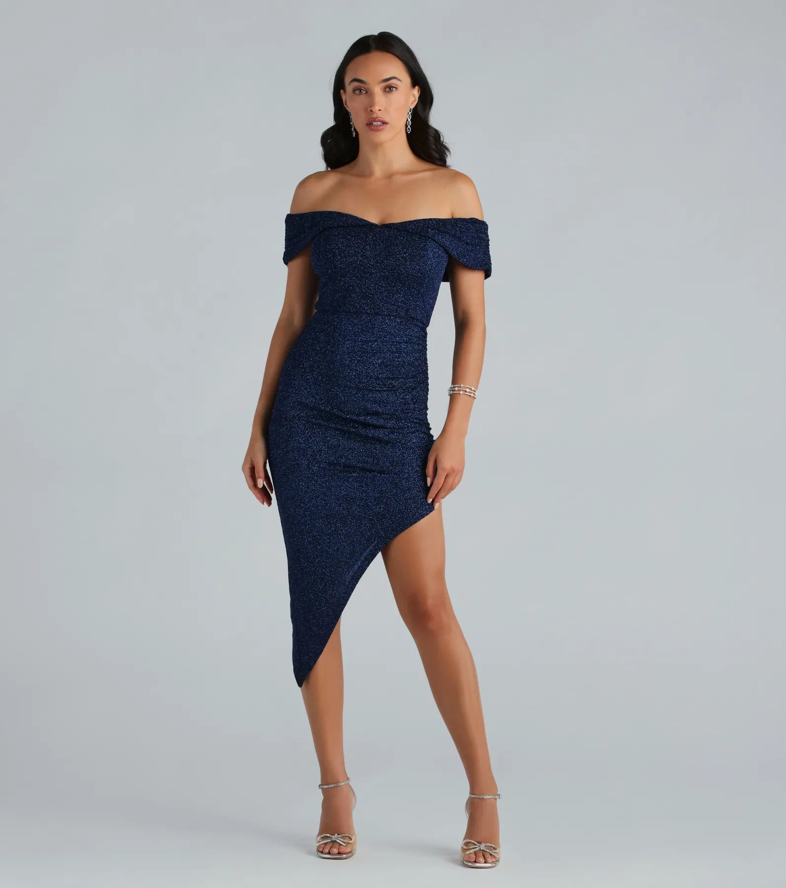 Unforgettable Glitter Off The Shoulder Midi Dress performance