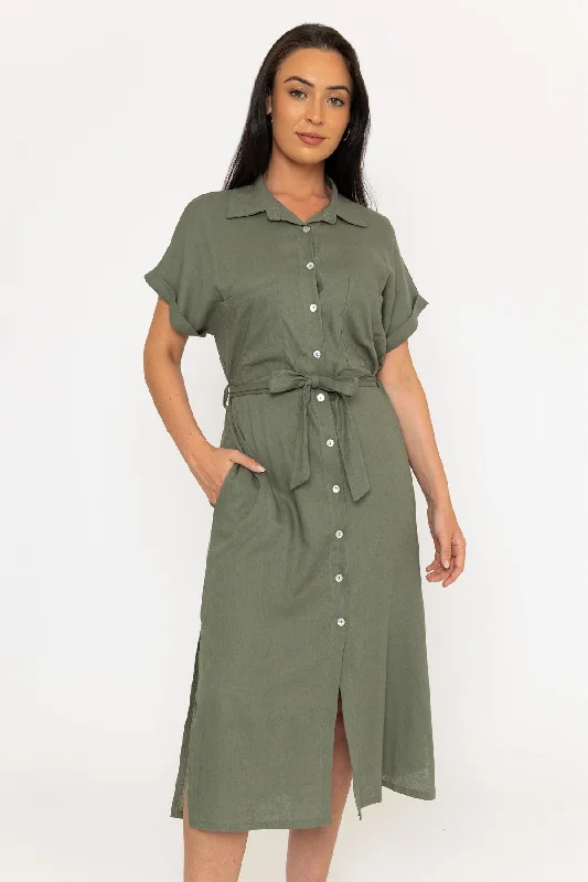 Linen Blend Shirt Dress in Khaki Monochromatic All - in - one