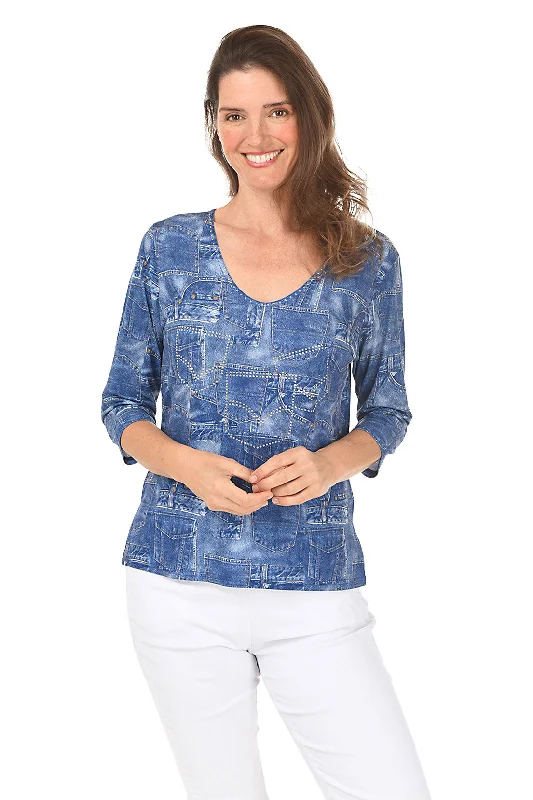 Denim Pockets Knit Top Unique Women's Upcycled