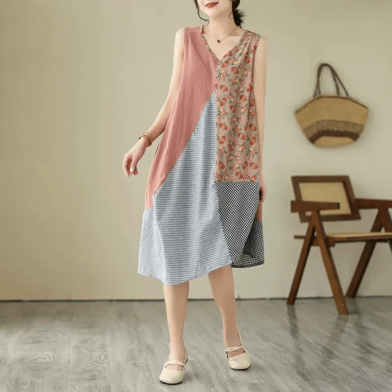 Babakud Women Patchwork Cotton Linen Midi Dress Youthful Women's Pop