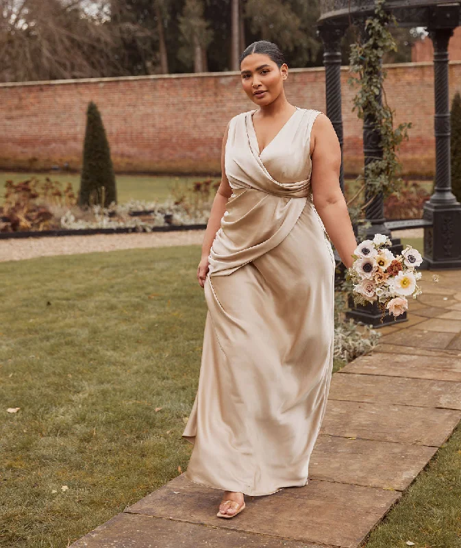 Plunge Drape Detail Satin Bridesmaid Dress - Champagne Sporty Women's Athleisure 