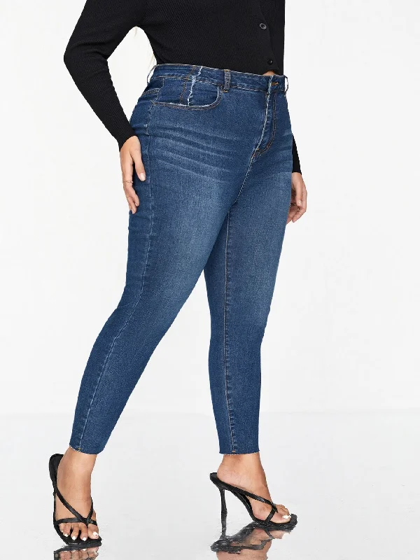 Plain Raw Hem Natural Long Plus Size Jeans Classic Women's Tweed