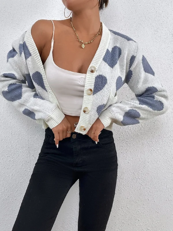 Casual Heart Button Front Long Sleeve V Neck Crop Women Cardigan Adventure