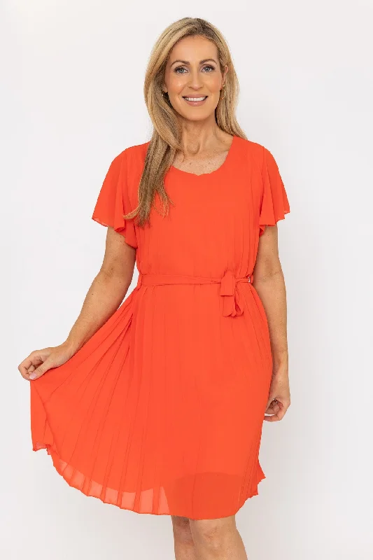 Plain Orange Pleated Dress Cozy Women's Winter