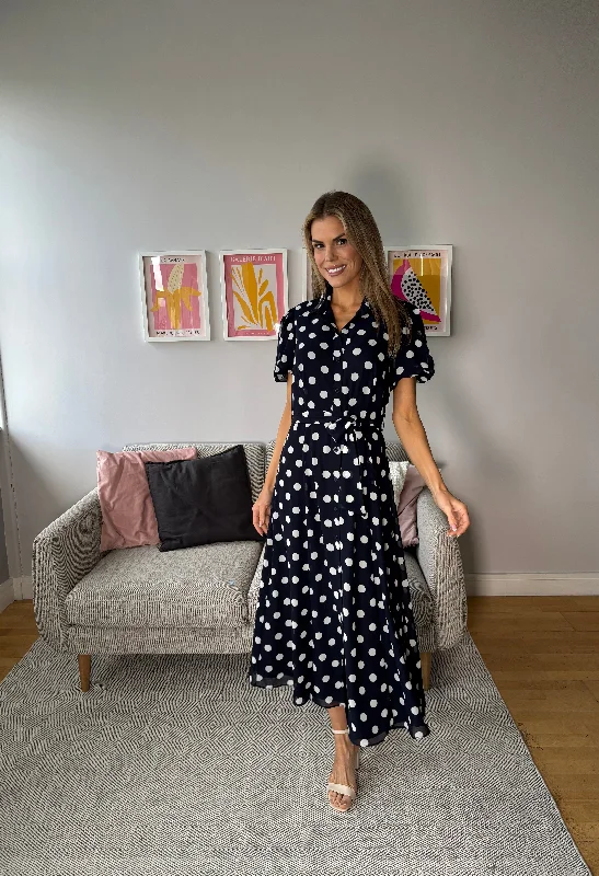 Puff Sleeve Polka Dot Shirt Dress Monochromatic Office Style