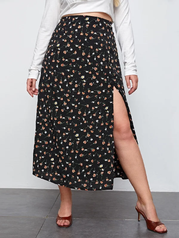 Ditsy Floral Split Long Plus Size Skirt Tough Women's Military - inspired