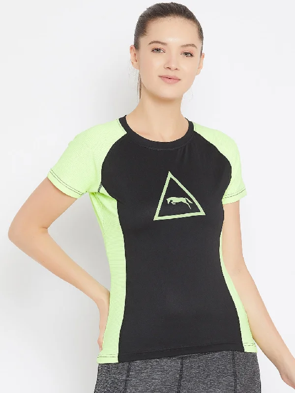 JUMP USA Women Black Active Wear Round Neck T-shirt Bohemian Women's Free