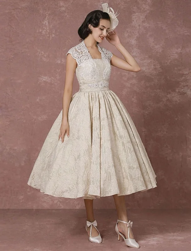 Short Wedding Dress Lace Champagne Vintage Bridal Dress Ball Gown Beading Backless Tea-Length Bridal Gown With Sash Exclusive Sustainable Organic