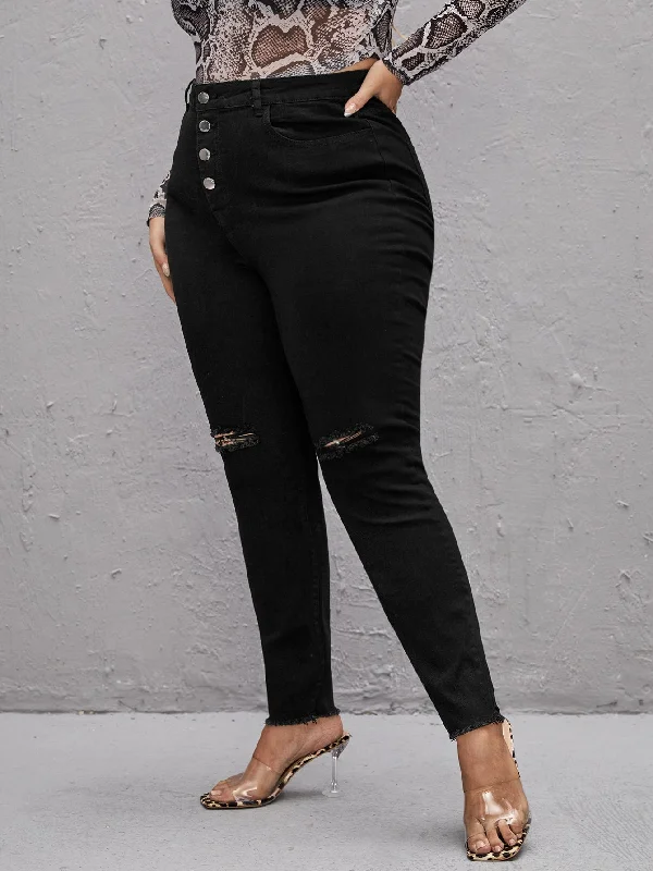 Plain Button Front High Waist Long Plus Size Jeans Australian Beach