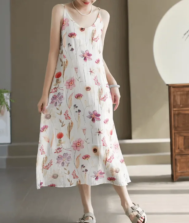 Babakud Women Summer Flower Tencel Linen Sleeveless Midi Dress Artistic Women's Avant - 