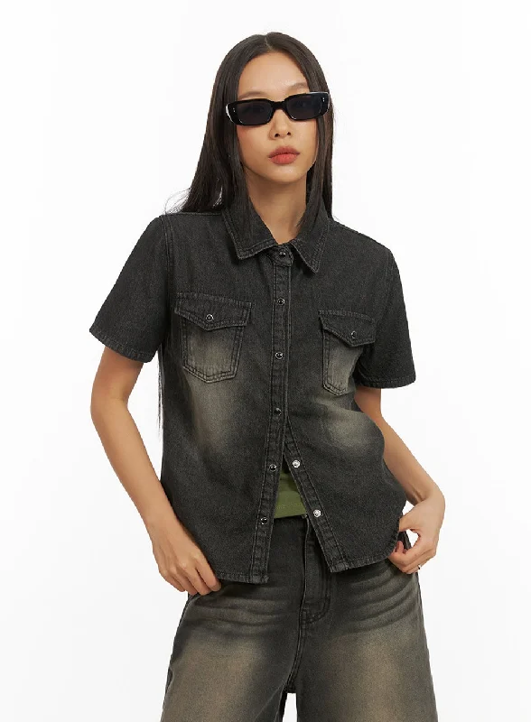 Denim Collar Solid Pocket Blouse IY422 Laid - back Women's Vibe