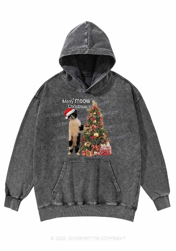 Merry Meow Christmas Y2K Washed Hoodie Cherrykitten Earthy Women's Hemp - based