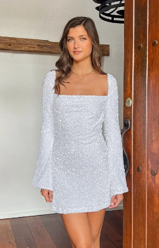 Marienne White Velvet Sequin Mini Dress Monochromatic All - in - one