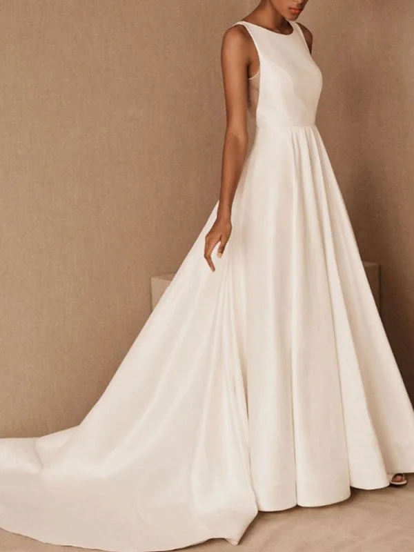 Vintage Wedding Dress Jewel Neck Sleeveless Natural Waist Floor Length Backless Matte Satin Cathedral Train Bridal Dress Hip Women's Retro