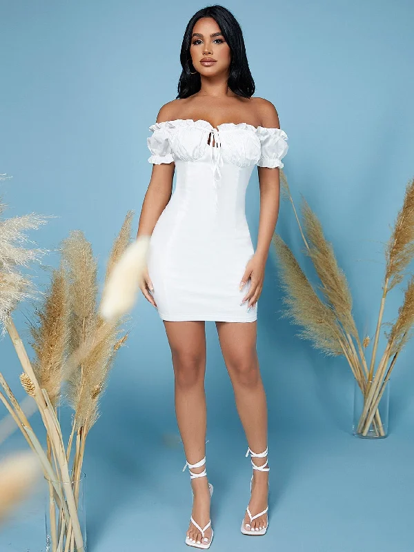 Plain Ruched Bust Sleeveless Off The Shoulder Pencil Natural Short Dress Edgy Women's Punk