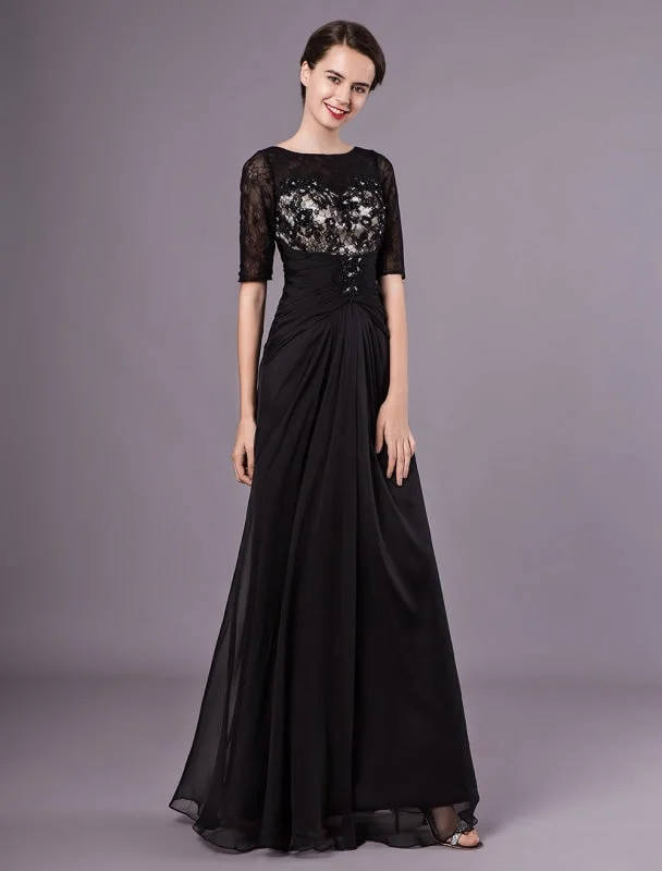 Black Evening Dresses Half Sleeves Lace Beading Chiffon Long Formal Gowns Wedding Guest Dress Compression