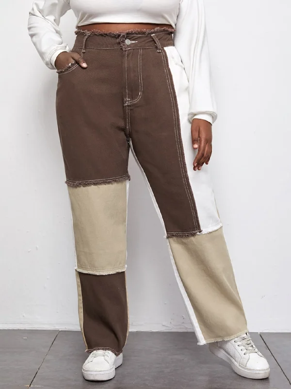 Colorblock Raw Hem High Waist Long Plus Size Jeans Monochromatic All - in - one
