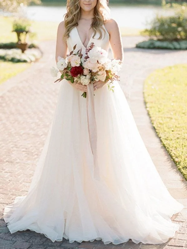 A Line Wedding Dress Ivory Blackless V Neck Spaghetti Straps Wedding Dress Sharp Women's Italian
