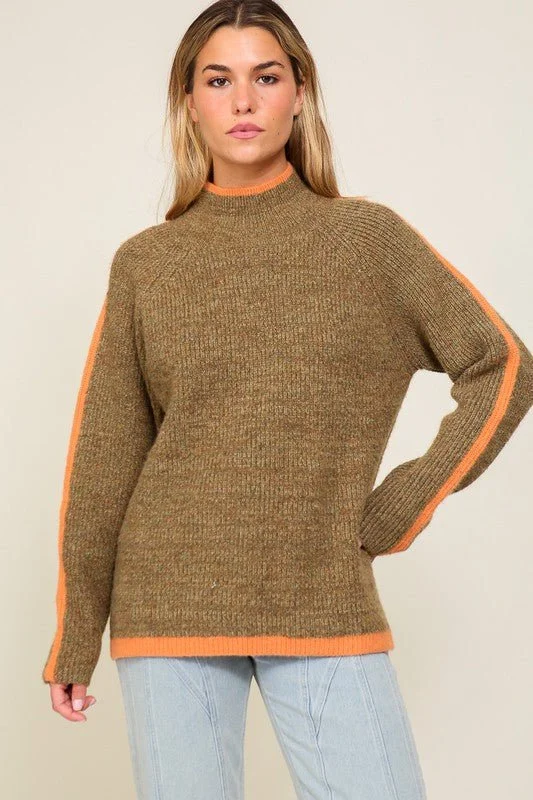Marled Raglan Sleeve Funnel Neck Sweater Monochromatic All - in - one