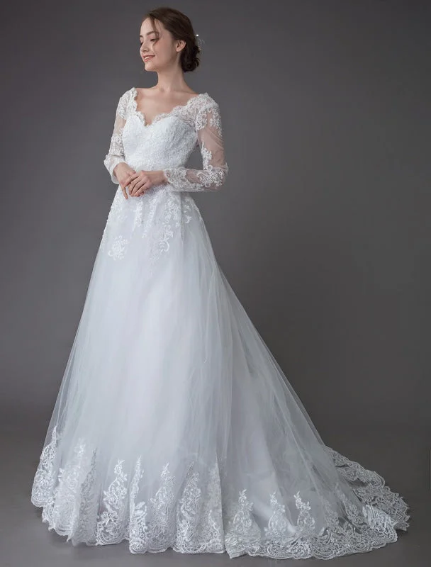 Lace Wedding Dresses Ball Gown V Neck Long Sleeve Backless Princess Bridal Dress Exclusive Monochromatic Office Style