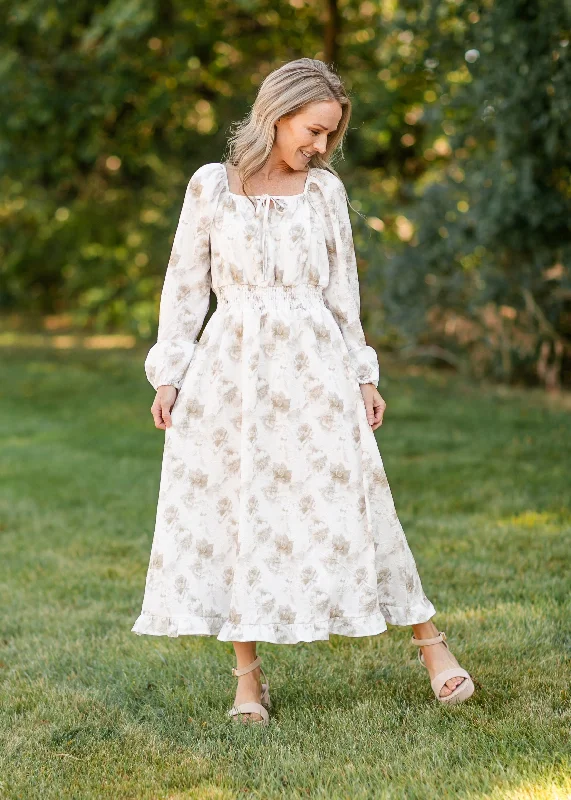 Long Sleeve Taupe Floral Square Neck Dress French