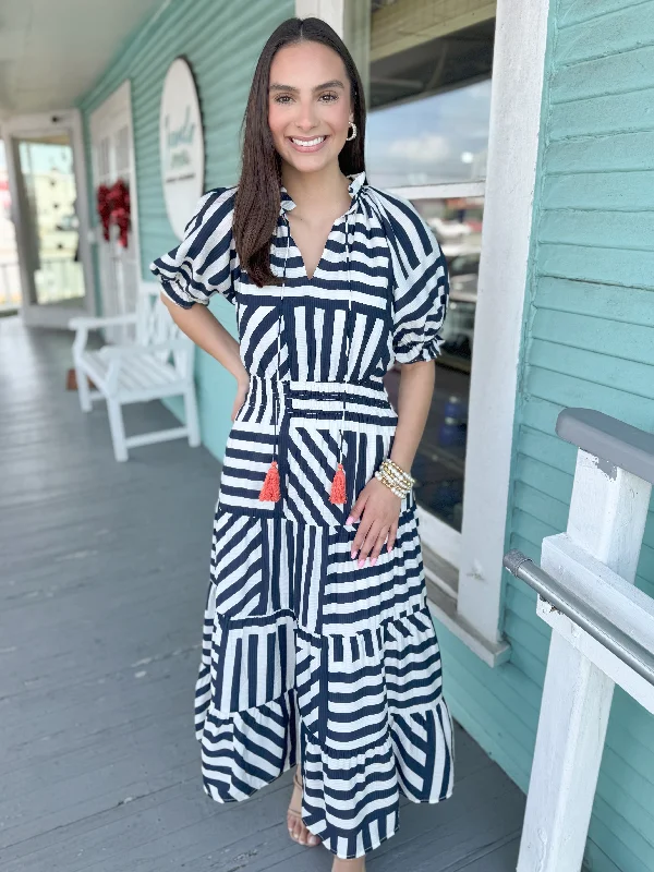 (THML) The Nova Stripe Midi Dress-Navy Scandinavian