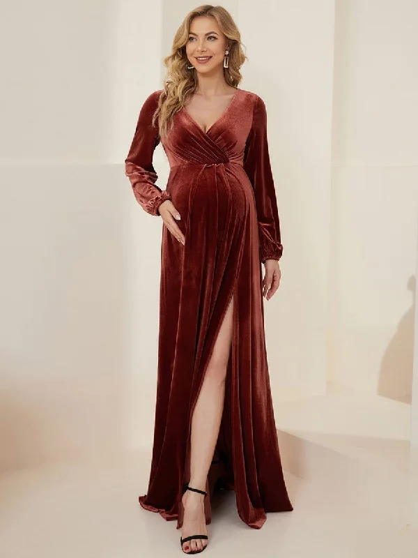 Long Sleeve Velvet V-Neck Front Slit Floor-Length Bump Friendly Dress Traditional Women's Wool