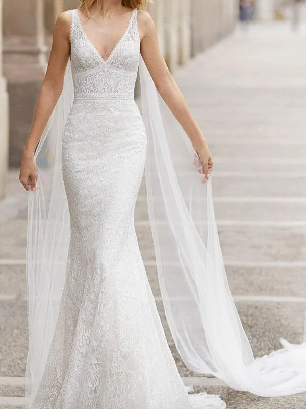 Lace Wedding Dress With Train Mermaid Sleeveless Lace Tulle V-Neck Bridal Gowns Artistic Women's Avant - 