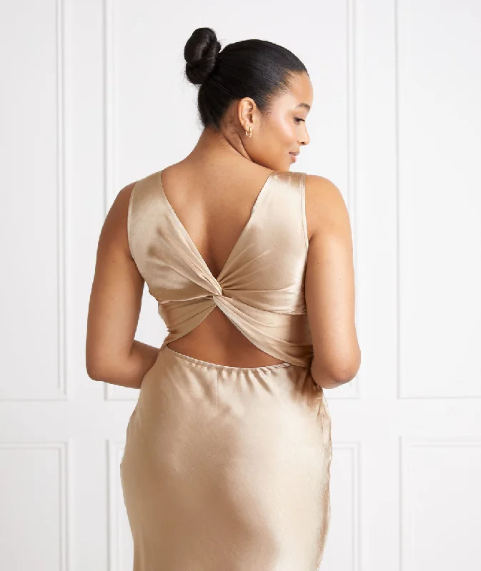Twist Back Satin Bridesmaid Dress - Champagne Cool Women's Skate