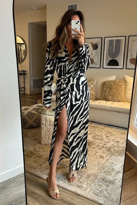 Renna Zebra Long Sleeve Wrap Midi Dress Sophisticated Women's 