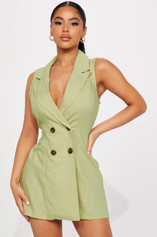 Danielle Double Buttoned Linen Blazer Romper in Celery Casual Women's Loose - fitting