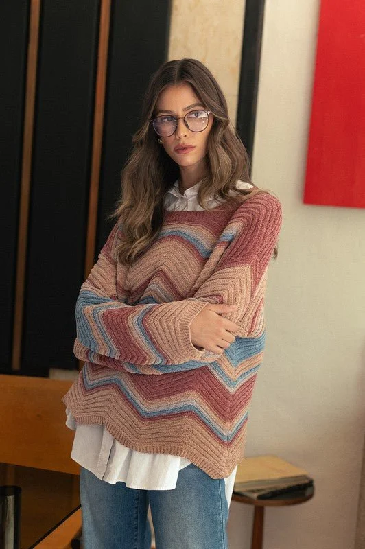 Zig-Zag Round Neck Sweater Casual Women's Loose - fitting