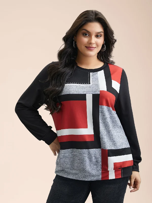 Geometric Print Round Neck Fitted Sweatshirt Artistic Women's Avant - 
