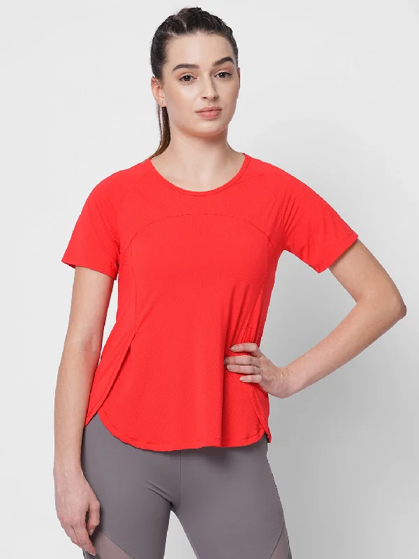 Fitkin women red side overlap style tshirt Sleek Women's Metallic