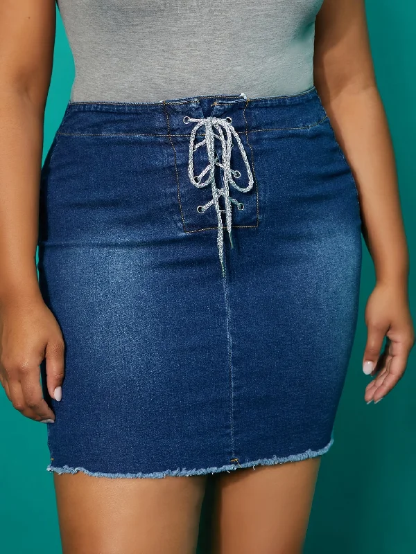 Plain Raw Hem High Waist Mini Plus Size Denim Skirt performance