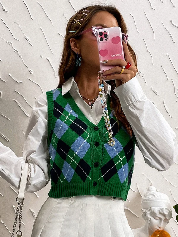 Casual Geometric Button Front Sleeveless V Neck Crop Women Cardigan Sophisticated Women's Tailored