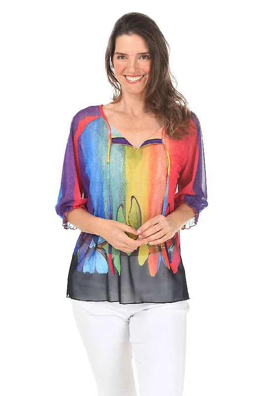 Bright Butterflies Ruffle Sleeve Mesh Top Sporty Women's Tennis
