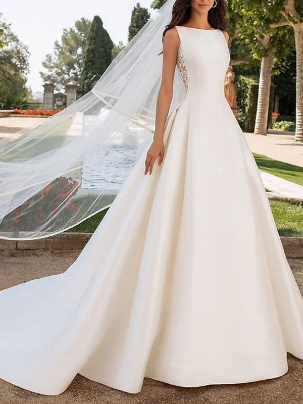 Ivory Wedding Dresses A Line With Chapel Train Sleeveless Lace High Collar Bridal Gowns Casual Women's Loose - fitting