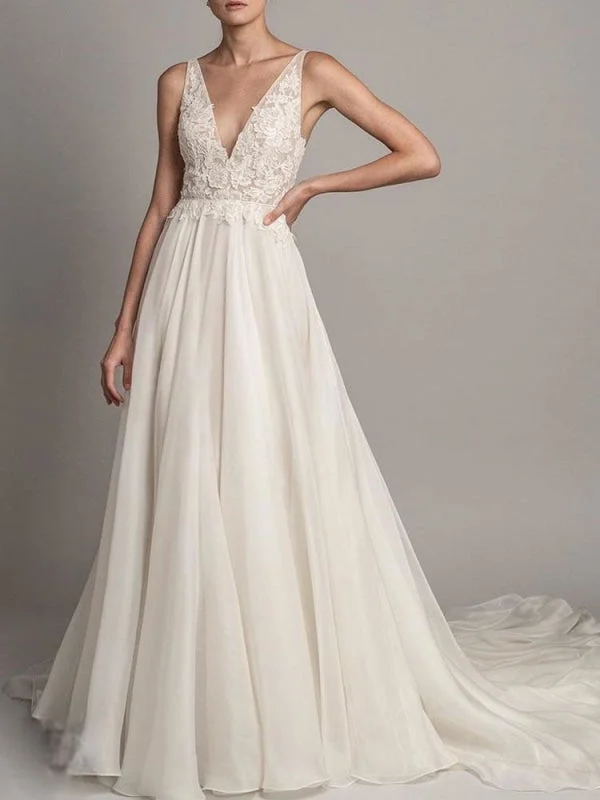Simple Wedding Dress A Line V Neck Sleeveless Beaded Bridal Dresses With Train Country
