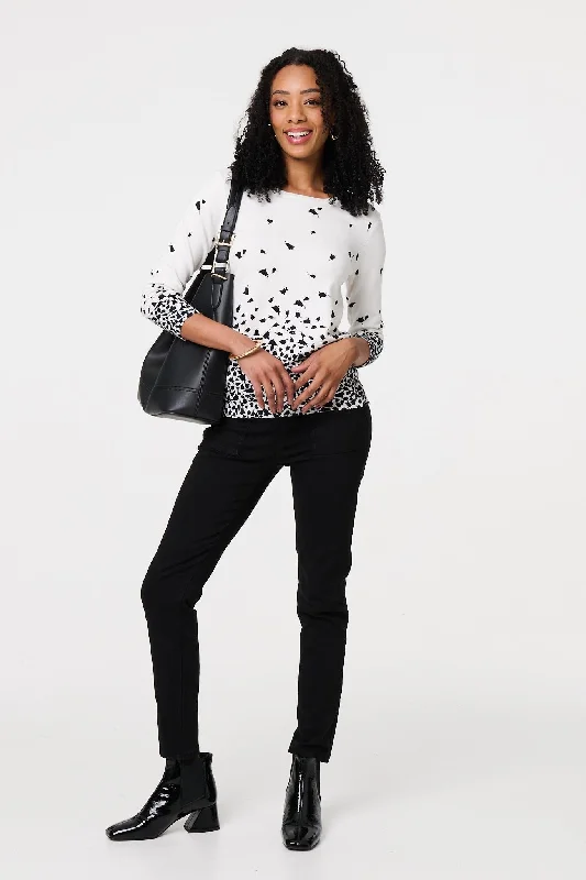 Bird Print 3/4 Sleeve Relaxed Knit Top Hip Women's Retro