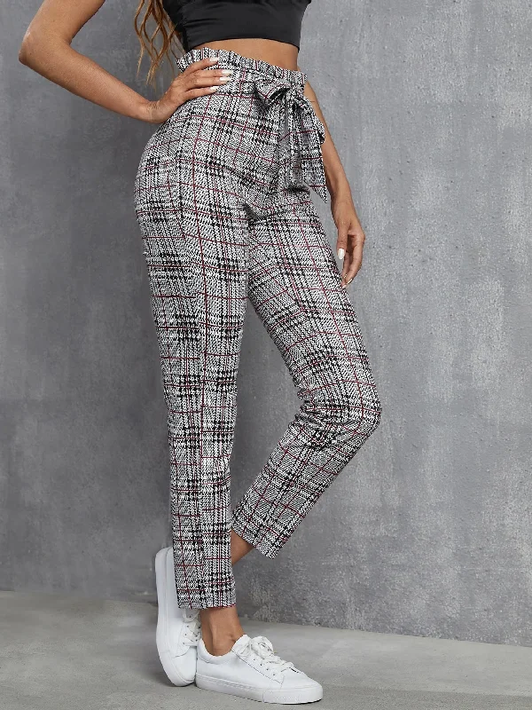 Preppy Plaid Paper Bag Waist High Waist Cropped Women Pants Casual Women's Loose - fitting