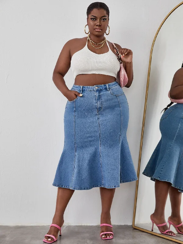 Plain Pocket High Waist Midi Plus Size Denim Skirt Confident Women's High - fashion