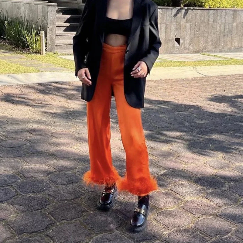 Orange Feather Fashion High-Rise Loose Satin Trousers Womens Straight-Leg Wholesale Pants Streetwear Style for 
