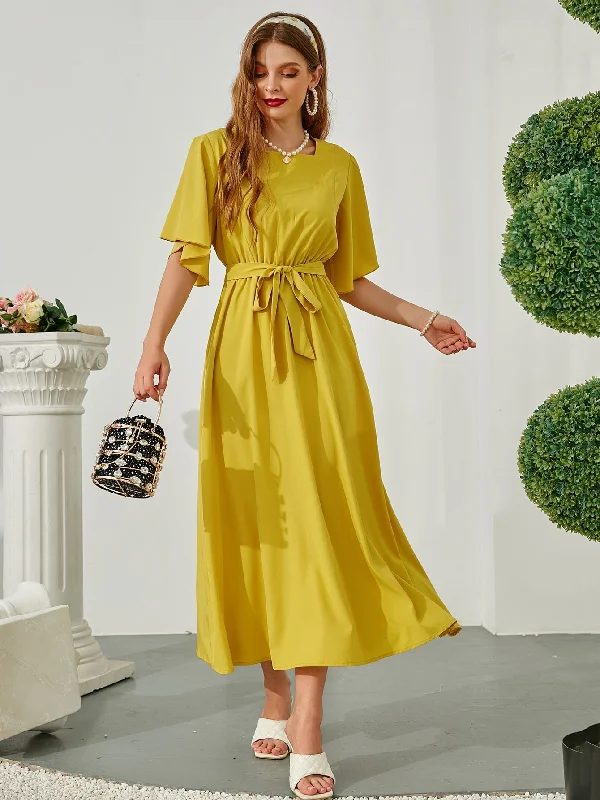Plain Belted Short Sleeve V Neck Flared High Waist Long Dress Minimalist Women's Casual