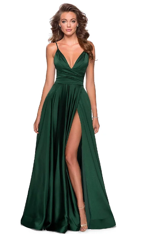 La Femme - 28607 Deep V-Neck High Slit Simple Prom A-Line Gown Artistic Women's Avant - 