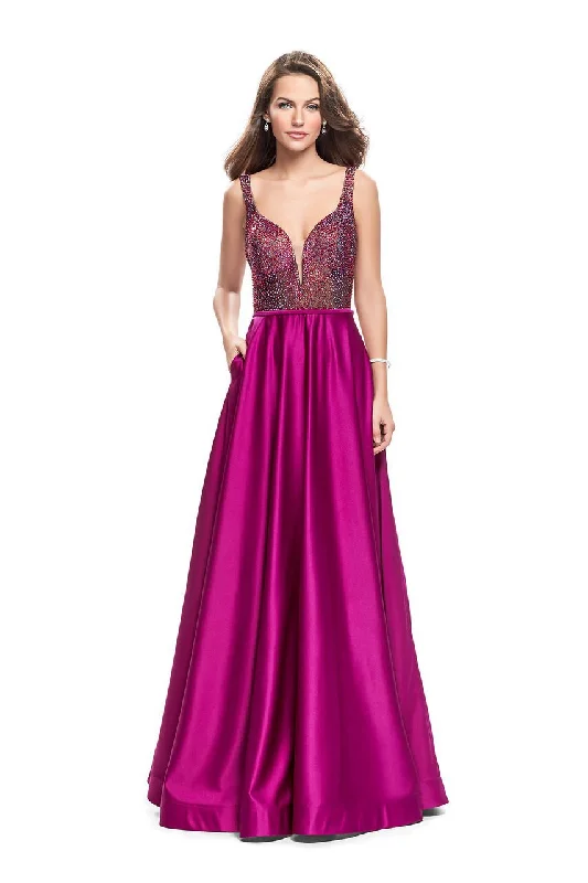 La Femme - 25348 Sleeveless Crystal Crusted Plunging Satin Gown Dapper Women's Bow - adorned