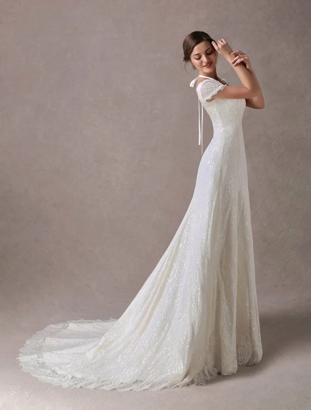 Lace Wedding Dresses Ivory V Neck Short Sleeve A Line Straps Bridal Gowns With Train Exclusive Relaxed Women's 