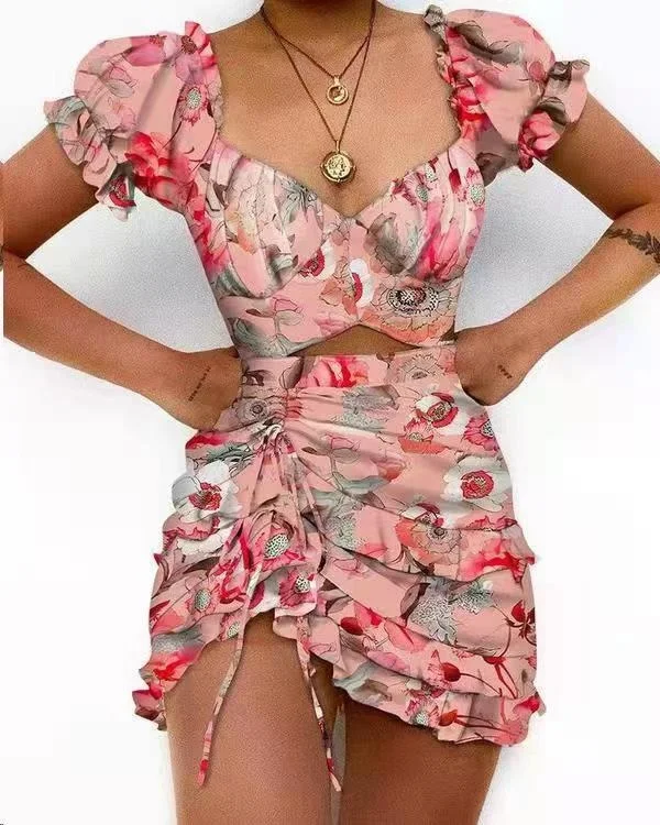 Hollow Out Printed V-neck Puff Short Sleeve Ruffle Trim Drawstring Mini Dress (4 colors) Trendy Women's 
